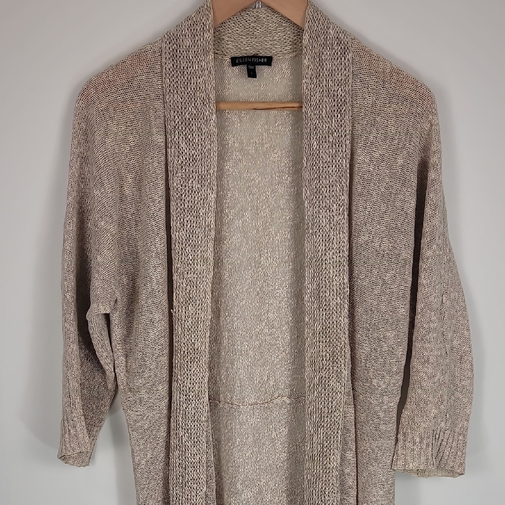 Eileen Fisher Women's Taupe Cream Linen Blend Knit Long Open Cardigan